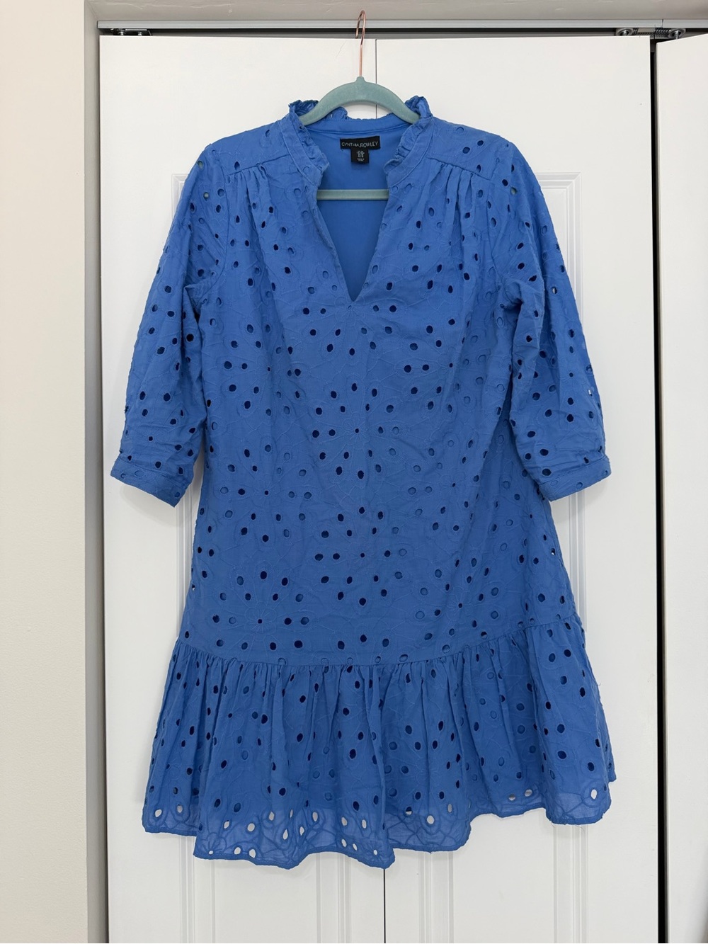 Cynthia Rowley Blue Eyelet V‑Neck Ruffle Mini Dress
